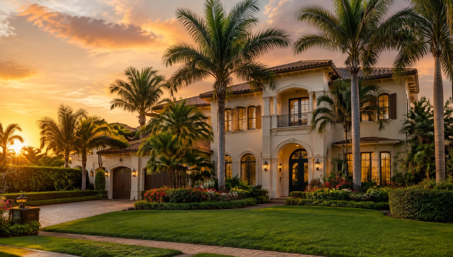 Luxury Boca Raton home with palm trees at golden hour, watched over by Boca Elite Home Watch