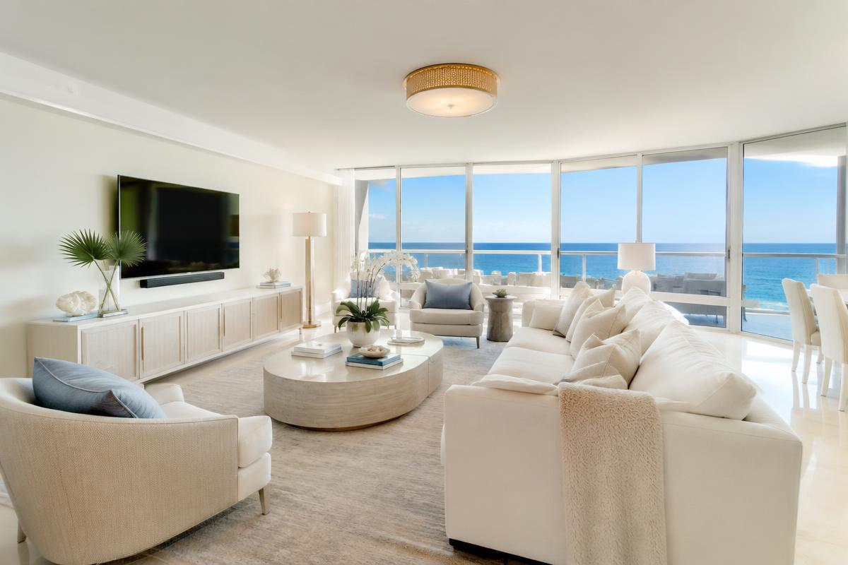 Boca Raton condo living room prepared for a seasonal homeowner's return